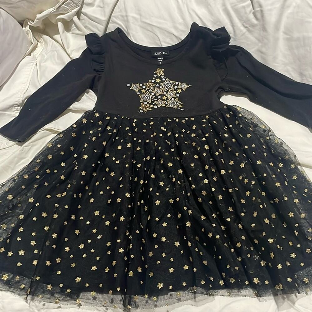 Zunie 5 black star bedazzled tutu dress guc gold tulle stars twirl dress